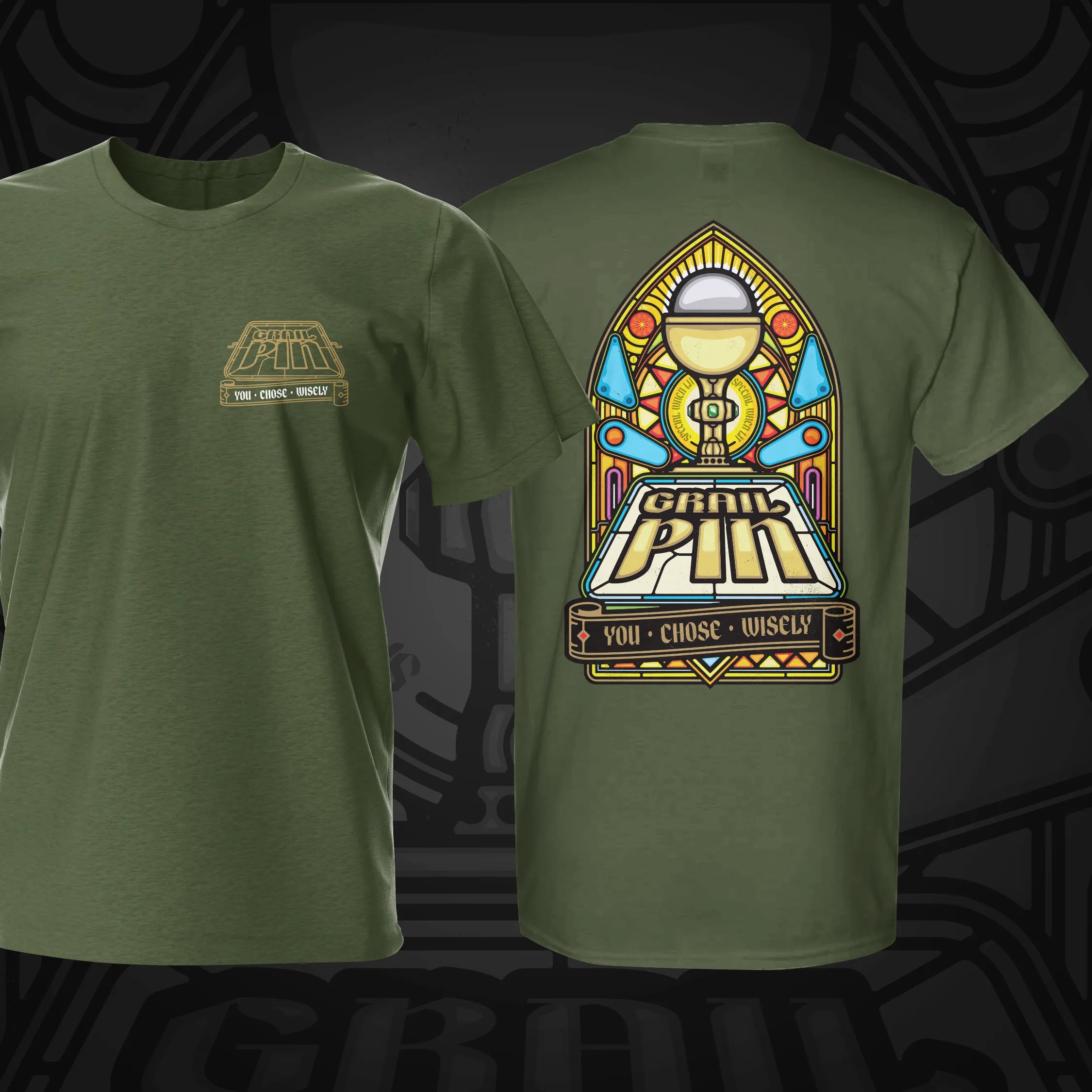 Grail Pin Pinball T-Shirt Military Green | Pinball Invasion