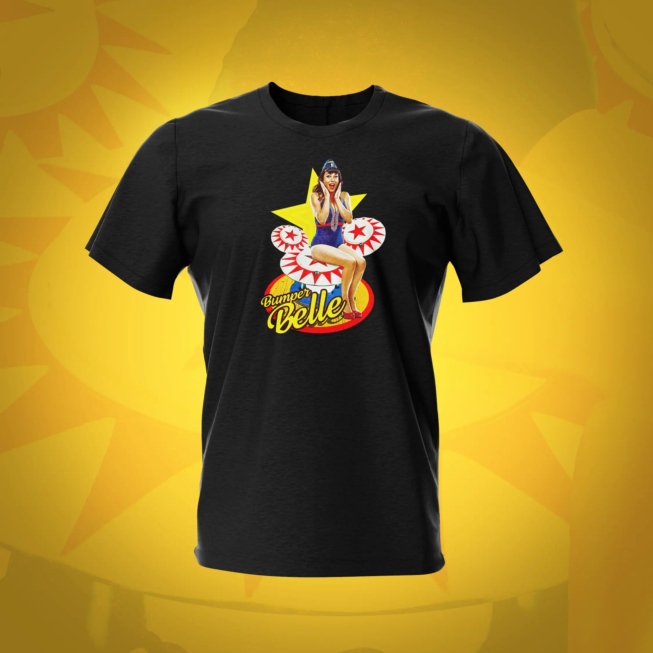 Pinup Bumper Belle Black Pinball T-Shirt | Pinball Invasion