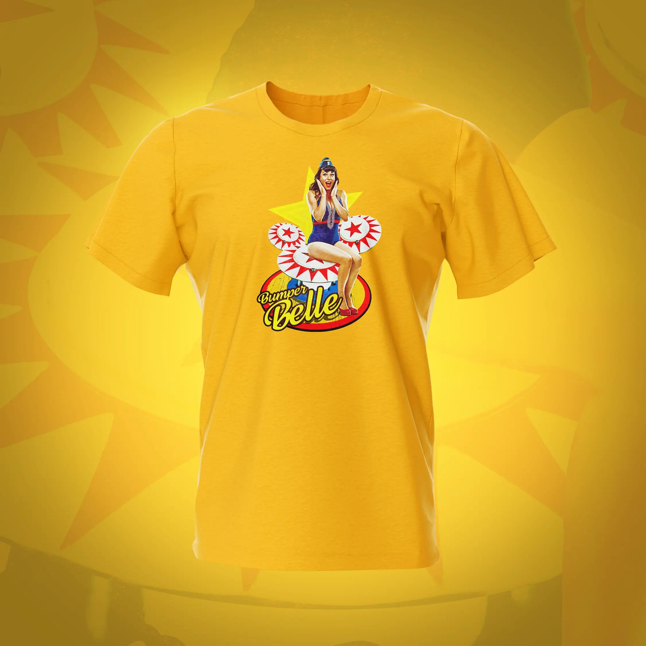 Pinup Bumper Belle Gold Pinball T-Shirt | Pinball Invasion