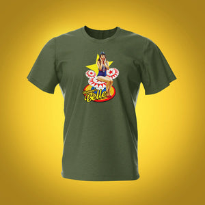 Pinup Bumper Belle Military Green Pinball T-Shirt | Pinball Invasion