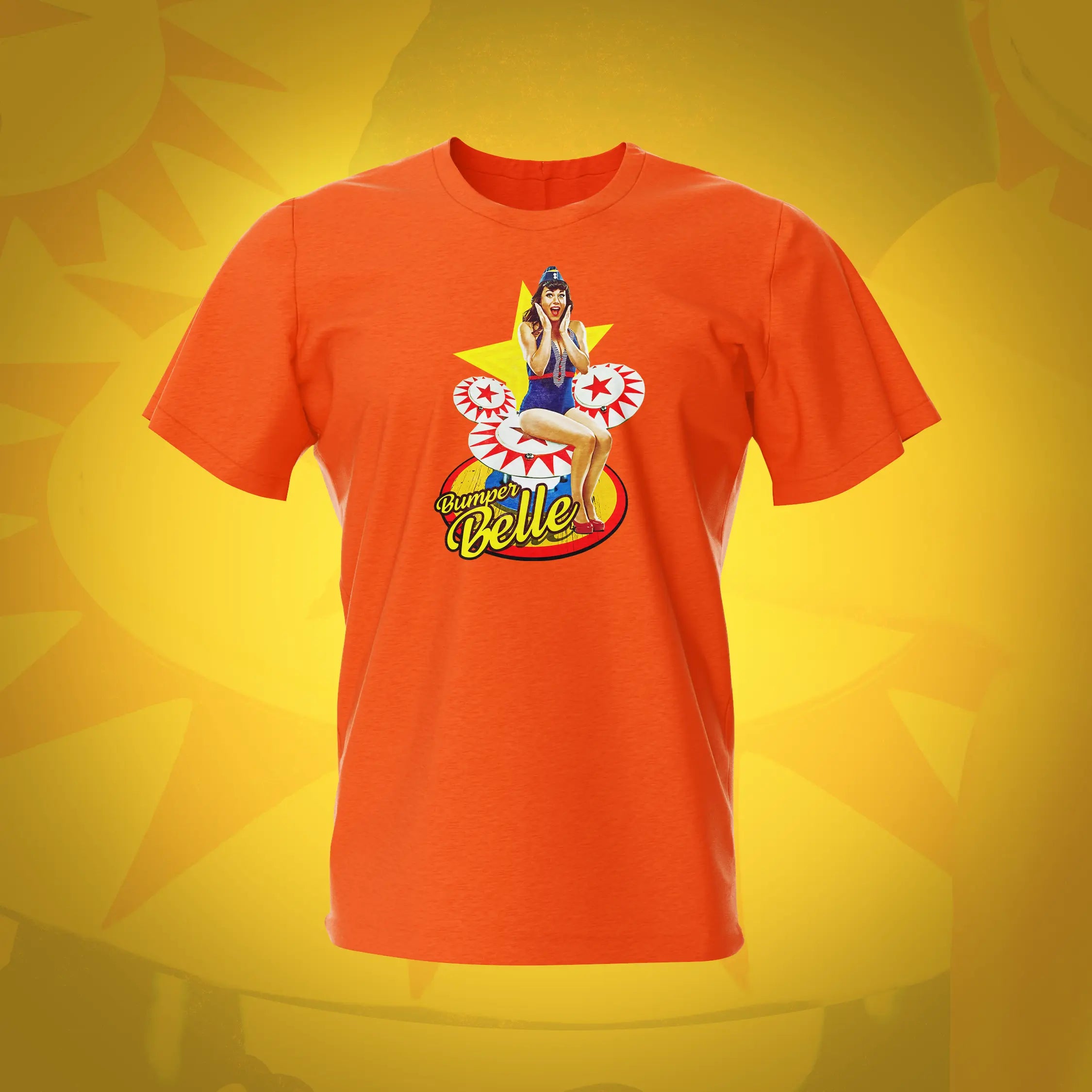 Pinup Bumper Belle Orange Pinball T-Shirt | Pinball Invasion