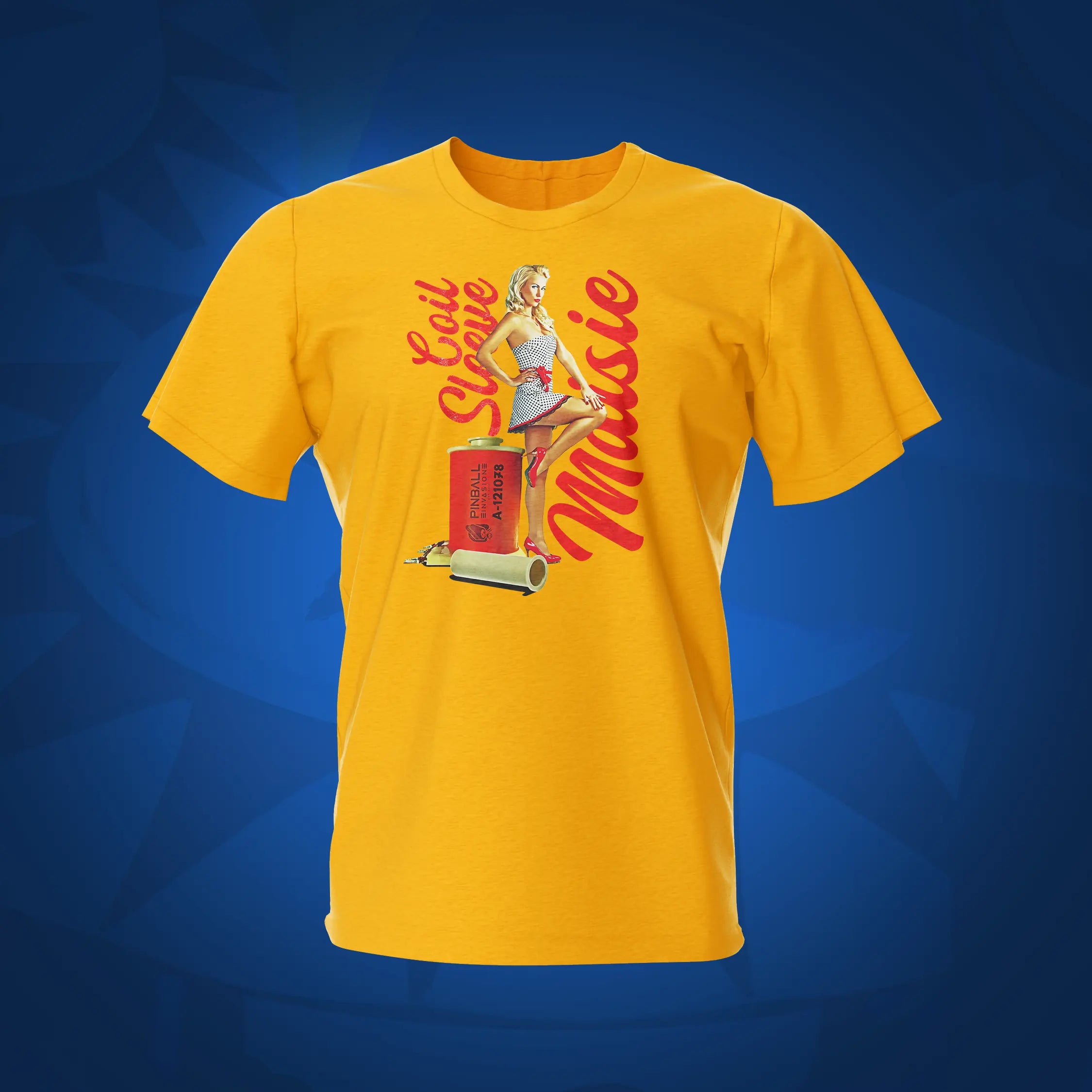 Pinup Coil Sleeve Maisie Gold Pinball T-Shirt | Pinball Invasion
