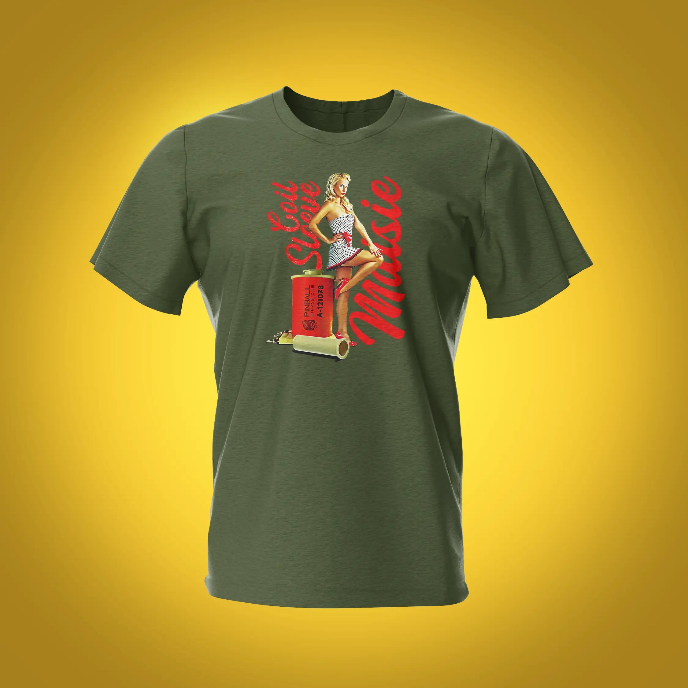 Pinup Coil Sleeve Maisie Military Green Pinball T-Shirt | Pinball Invasion
