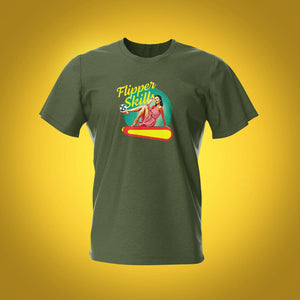 Pinup Flipper Skills Military Green Pinball T-Shirt | Pinball Invasion