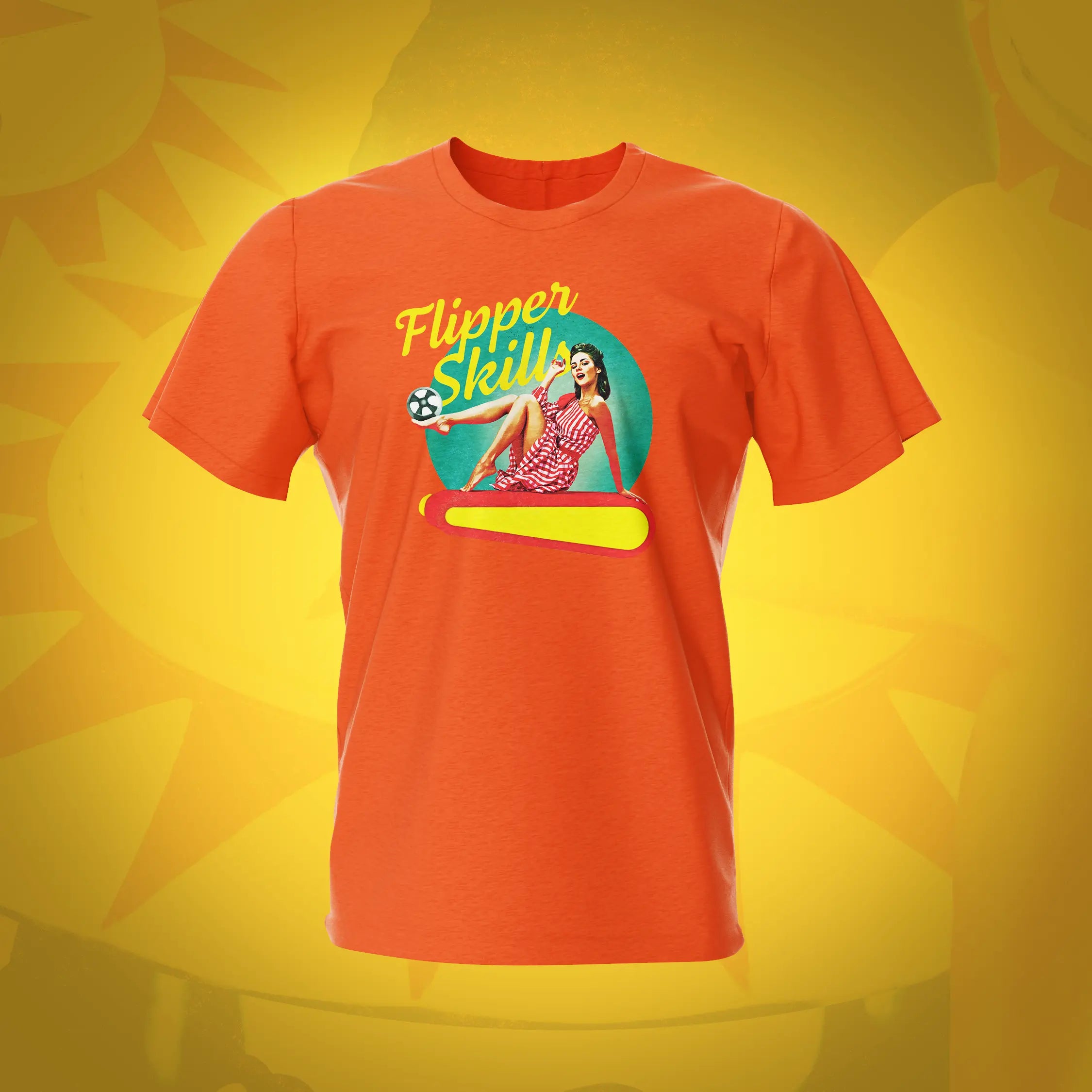 Pinup Flipper Skills Orange Pinball T-Shirt | Pinball Invasion