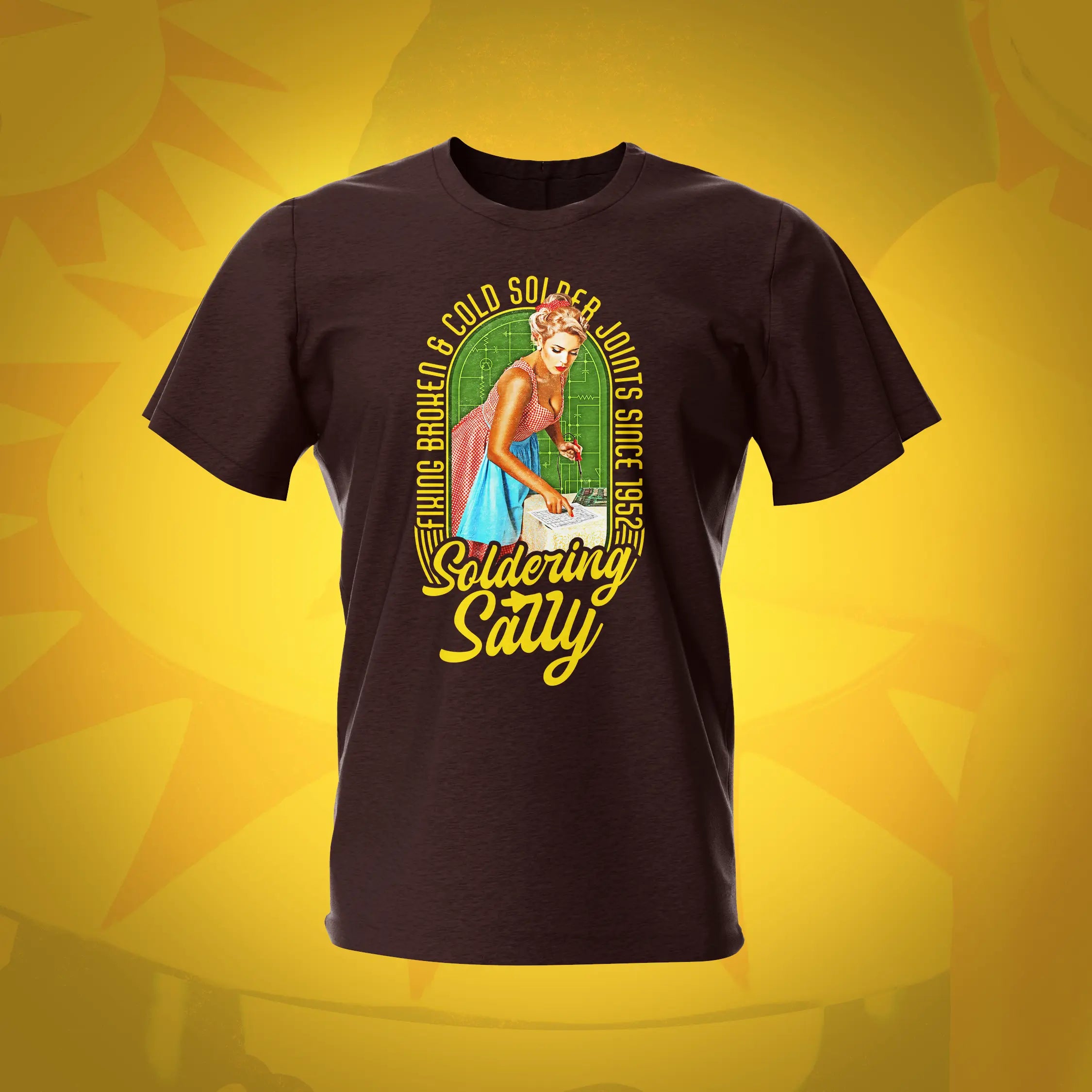 Pinup Soldering Sally Dark Chocolate Pinball T-Shirt |Pinball Invasion