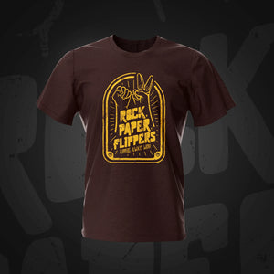 Rock Paper Flippers Vintage Dark Chocolate Pinball T-Shirt | Pinball Invasion