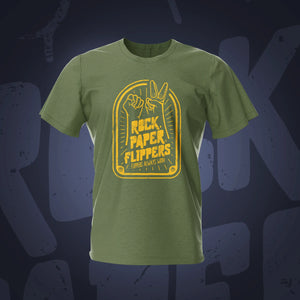 Rock Paper Flippers Vintage Military Green Pinball T-Shirt | Pinball Invasion