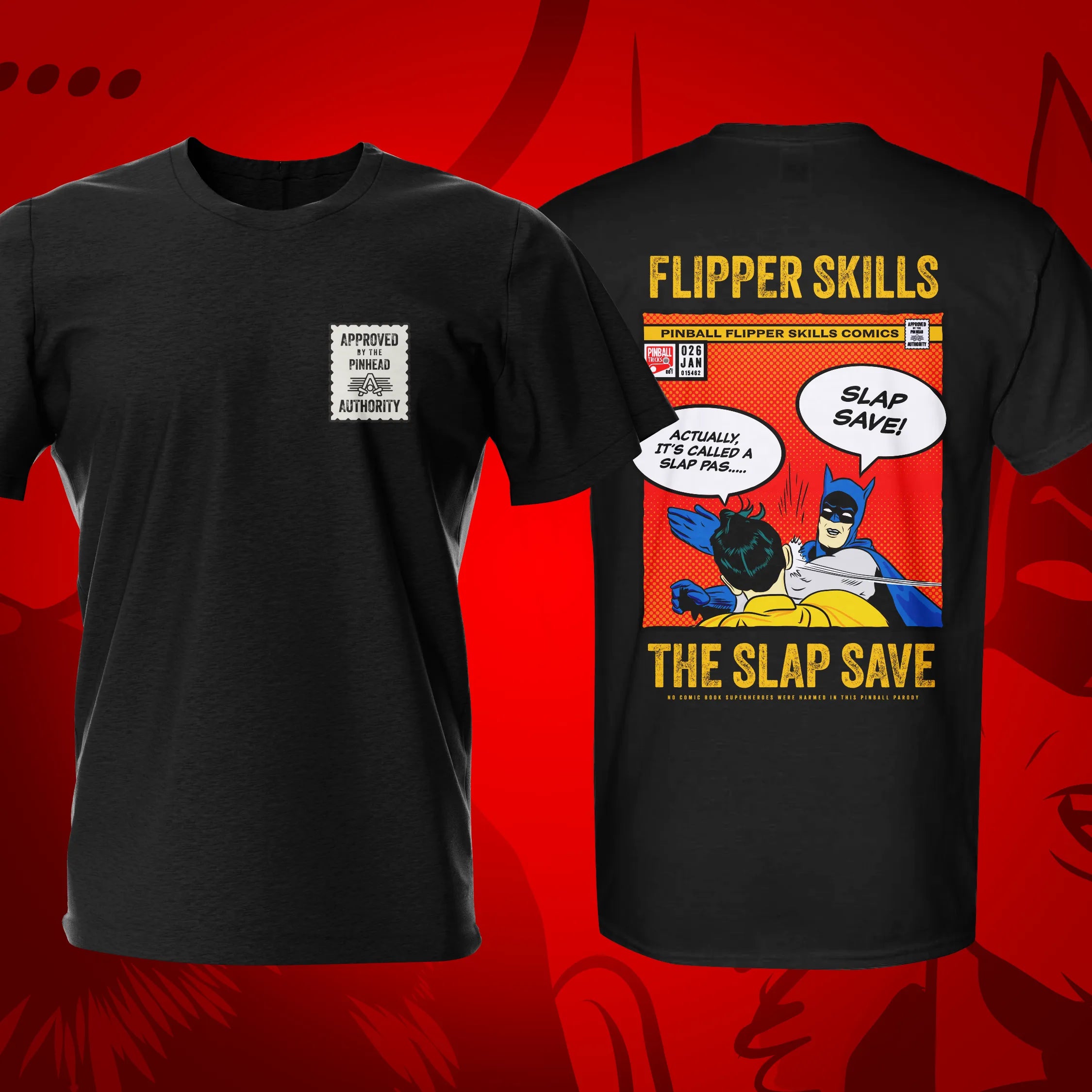 Slap Save w Badge Black Pinball T-Shirt | Pinball Invasion