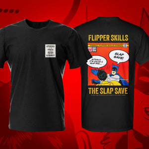 Slap Save w Badge Black Pinball T-Shirt | Pinball Invasion
