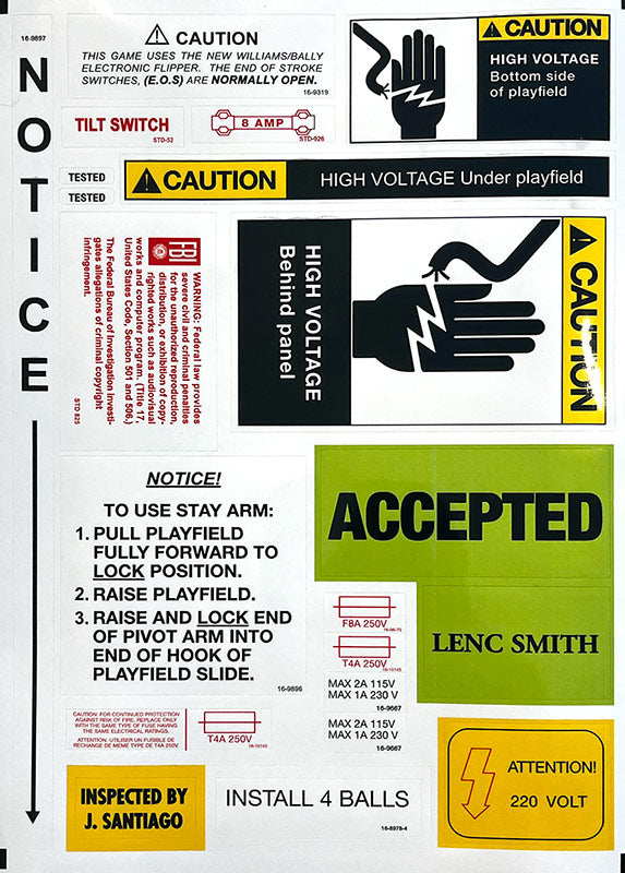 Bally Williams Warning Decals