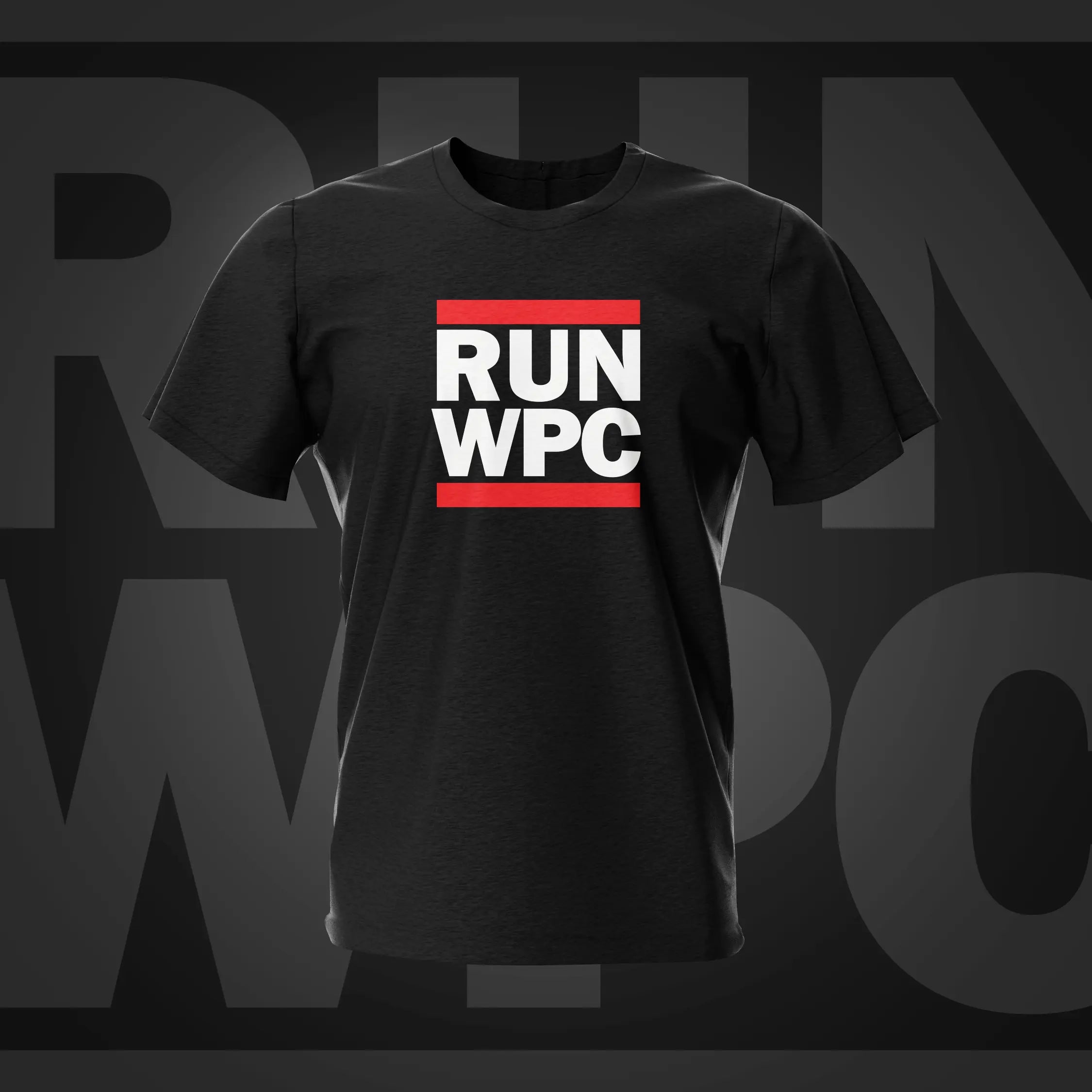A black short-sleeve crewneck t-shirt featuring a bold graphic on the chest with the text 'RUN WPC' in white block letters between two red horizontal bars. The shirt is displayed against a dark gray background with a large, faded version of the same graphic behind it.