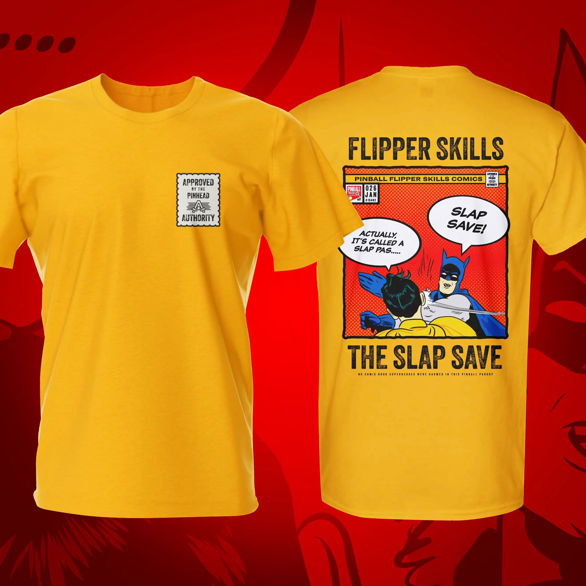 Slap Save w Badge Gold Pinball T-Shirt | Pinball Invasion