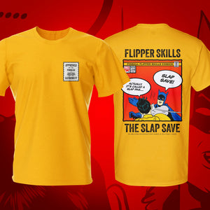 Slap Save w Badge Gold Pinball T-Shirt | Pinball Invasion