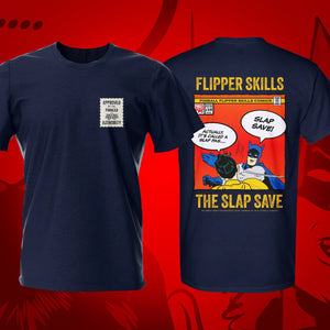 Slap Save w Badge Navy Pinball T-Shirt | Pinball Invasion